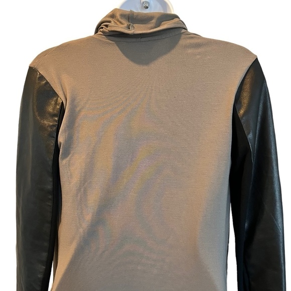 Open Front Draped Jacket with Leather Sleeve Detail - Picture 5 of 6